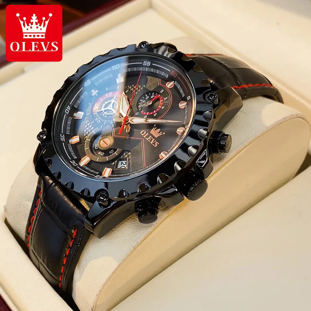 Relógio OLEVS Black Armor Chronograph Masculino com Pulseira de Couro