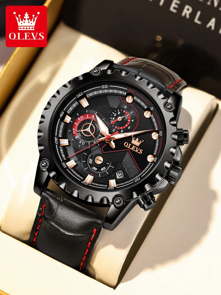 Relógio OLEVS Black Armor Chronograph Masculino com Pulseira de Couro